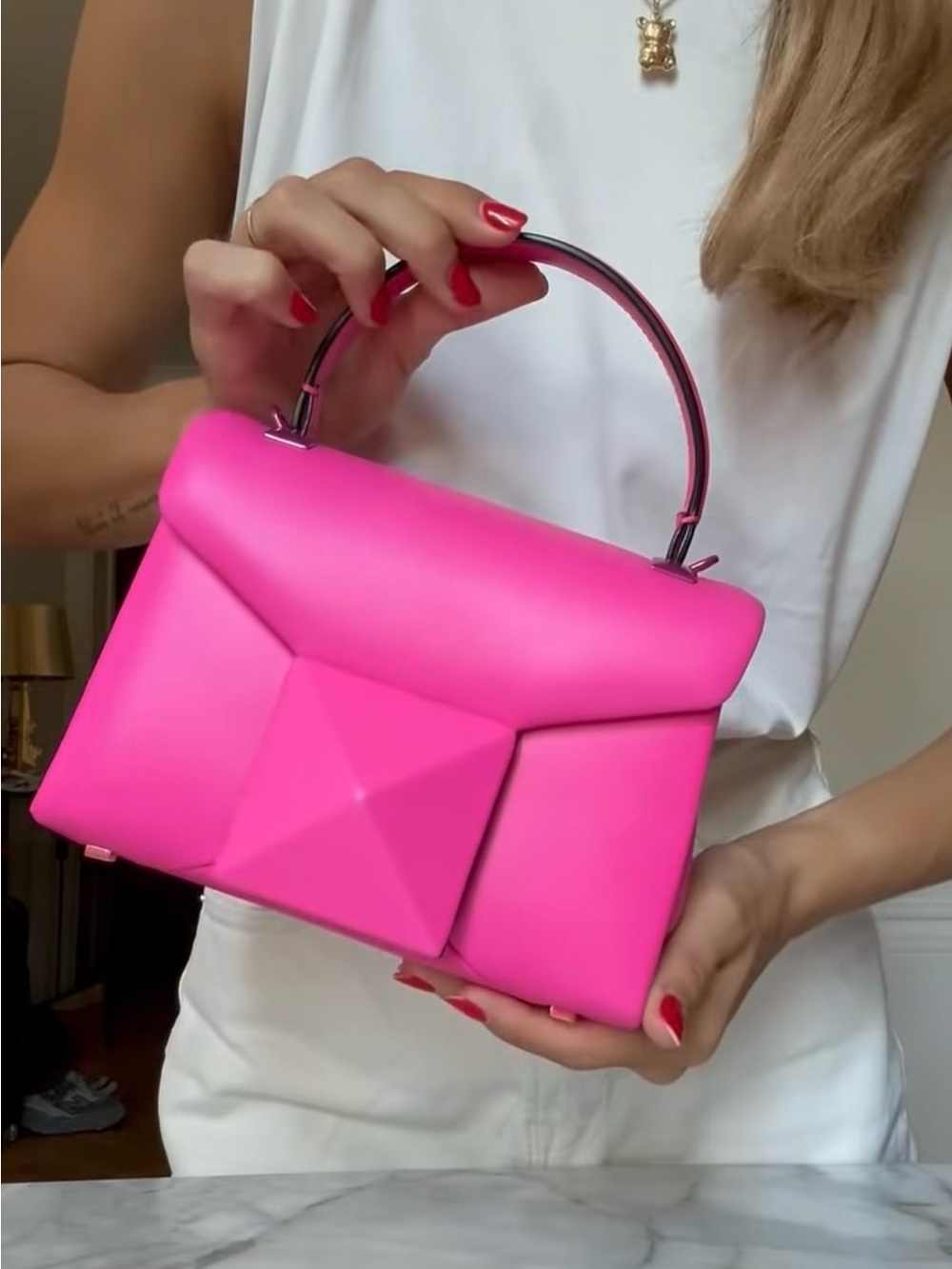 VALENTINO GARAVANI Nappa Tonal Monochrome Mini One Stud Top Handle Bag Pink PP - Picture 15 of 15
